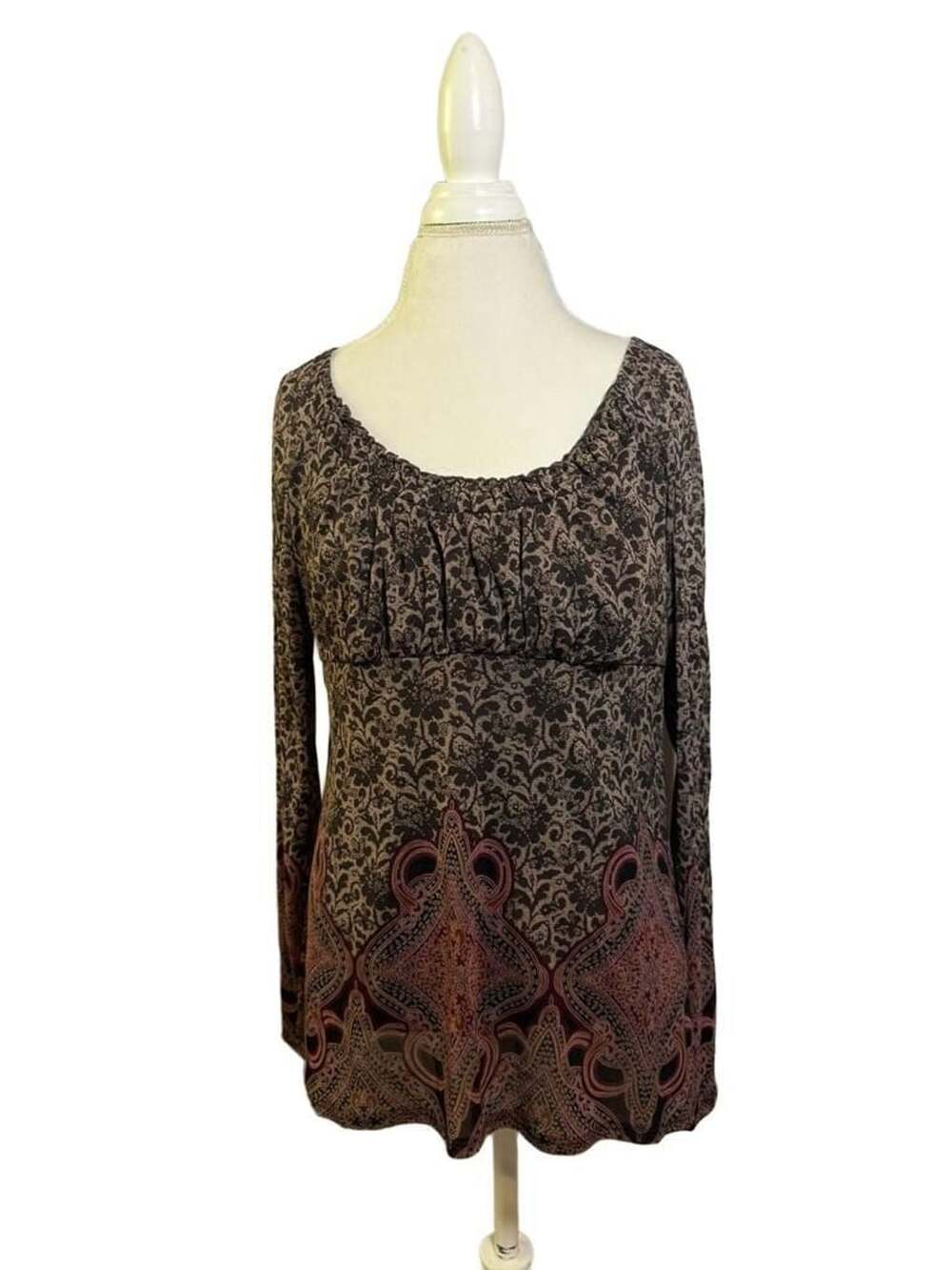 Axcess Brown and Beige Floral Paisley Long Sleeve Gathered Scoop Neck Top